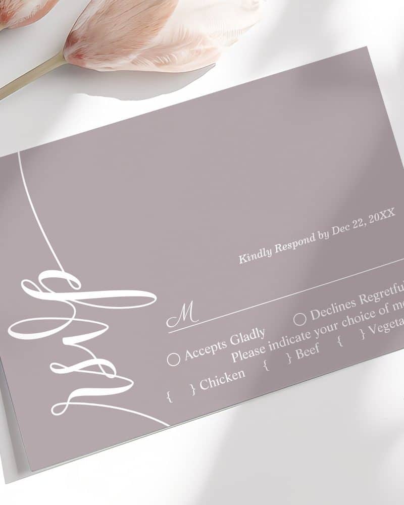 A mauve wedding RSVP card with elegant white script and meal options.
