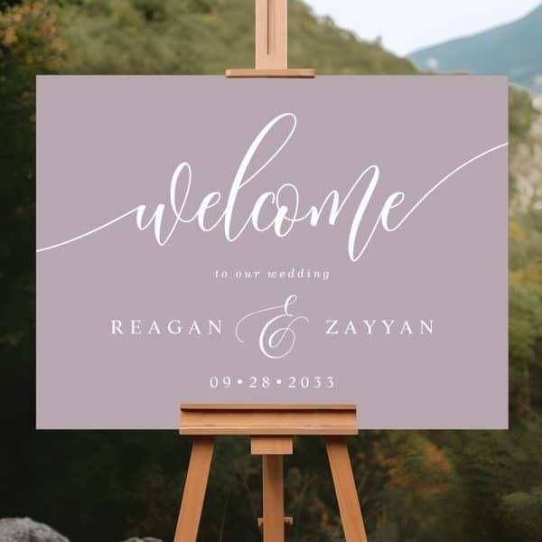 Lavender Wedding Welcome Sign With The Couple'S Names, Reagan &Amp; Zayyan, And Wedding Date.