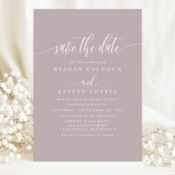 Lavender Save-The-Date Card For The Wedding Of Reagan Calhoun And Zayyan Lovell, September 28, 2033.