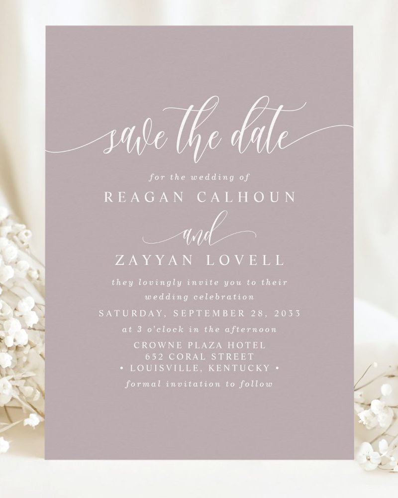 Lavender save-the-date card for the wedding of Reagan Calhoun and Zayyan Lovell, September 28, 2033.