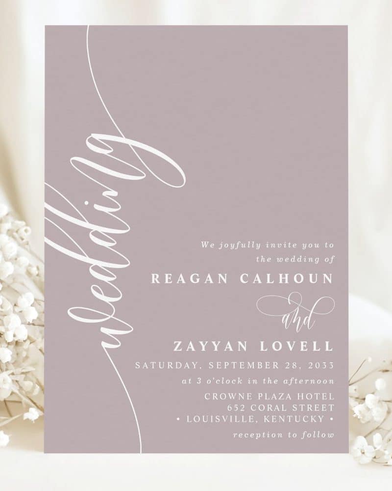 Lavender wedding invitation for Reagan Calhoun and Zayyan Lovell, September 28, 2033.