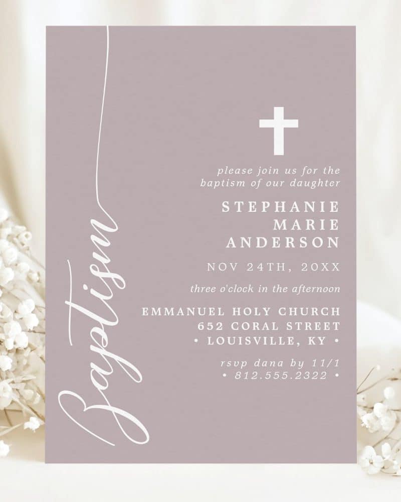 Lavender baptism invitation for Stephanie Marie Anderson.