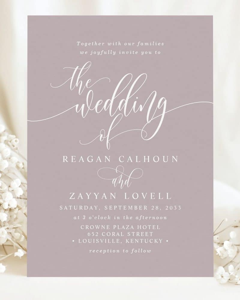 Lavender wedding invitation for Reagan Calhoun and Zayyan Lovell.