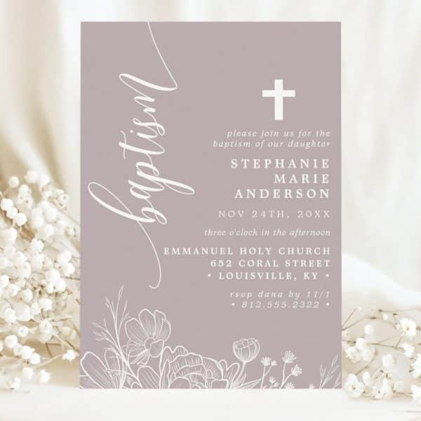 A Lavender Baptism Invitation For Stephanie Marie Anderson, Featuring A Floral Design.