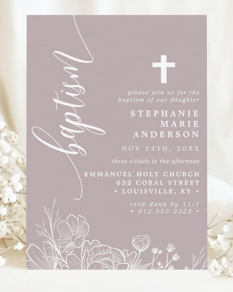 A lavender baptism invitation for Stephanie Marie Anderson, featuring a floral design.