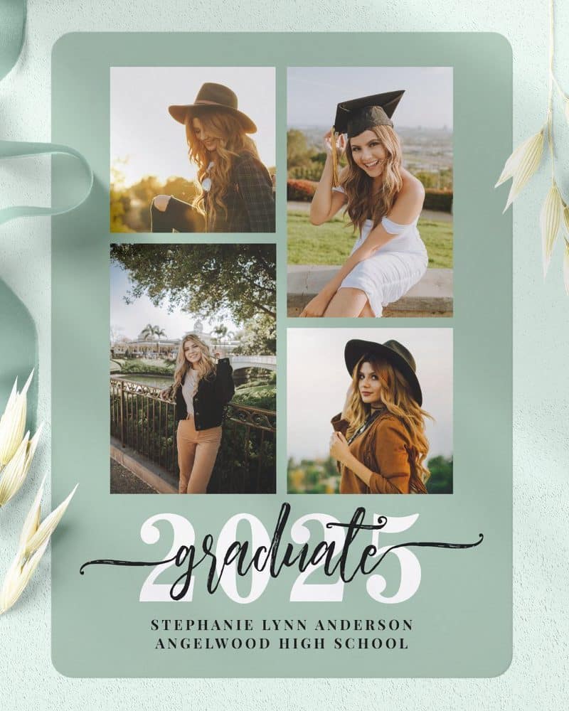 Graduation announcement featuring four photos of Stephanie Lynn Anderson, Angelwood High School graduate, class of 2025.