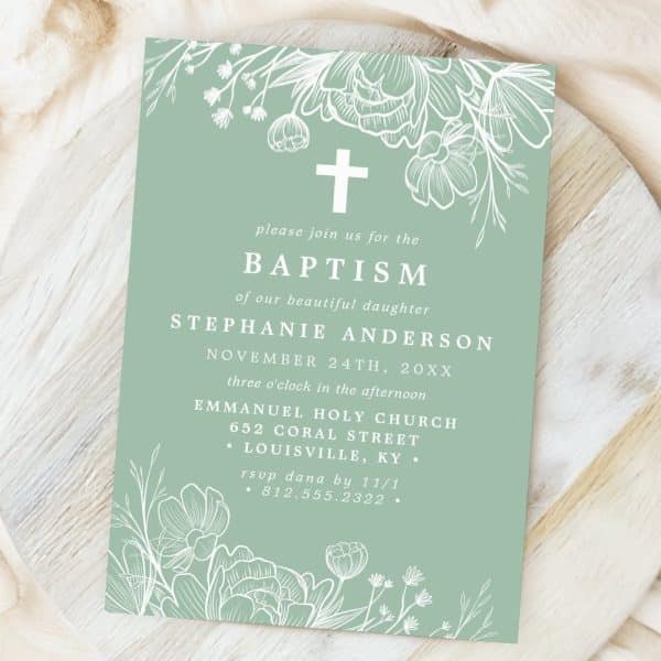 Sage Green Baptism Invitation With White Floral Border And Cross; Stephanie Anderson'S Baptism Details Are Listed.