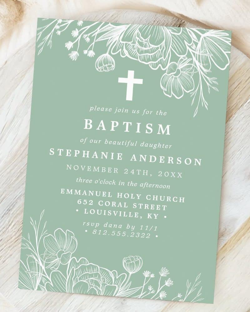 Sage green baptism invitation with white floral border and cross; Stephanie Anderson's baptism details are listed.