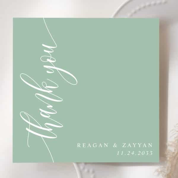 Sage Green Thank You Card With White Script Lettering.