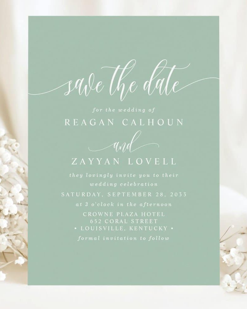 Save the date for the wedding of Reagan Calhoun and Zayyan Lovell, September 28, 2033, at the Crowne Plaza Hotel in Louisville, Kentucky.