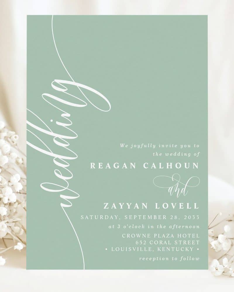 Sage green wedding invitation for Reagan Calhoun and Zayyan Lovell, September 28, 2033, at the Crowne Plaza Hotel in Louisville, Kentucky.