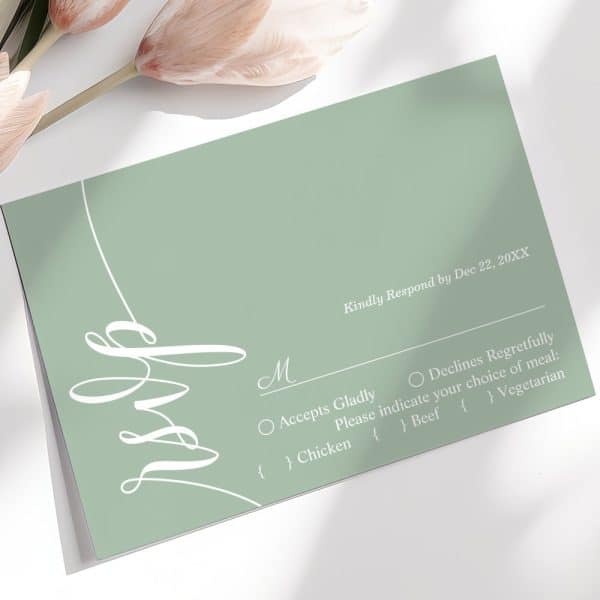 Sage Green Rsvp Card With Elegant White Script And Meal Options.