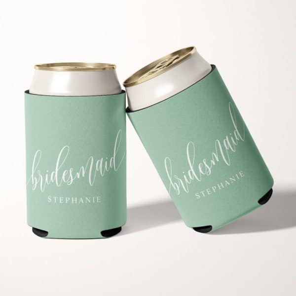 Two Mint Green Can Coolers With The Word Bridesmaid And A Name, Stephanie, Printed On Them.