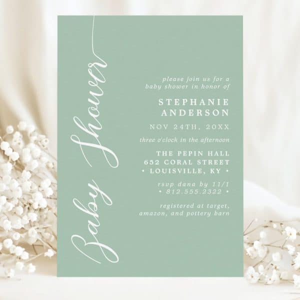 Sage Green Baby Shower Invitation For Stephanie Anderson.