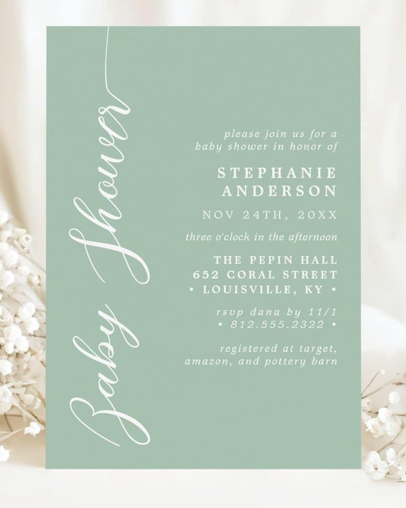 Sage green baby shower invitation for Stephanie Anderson.