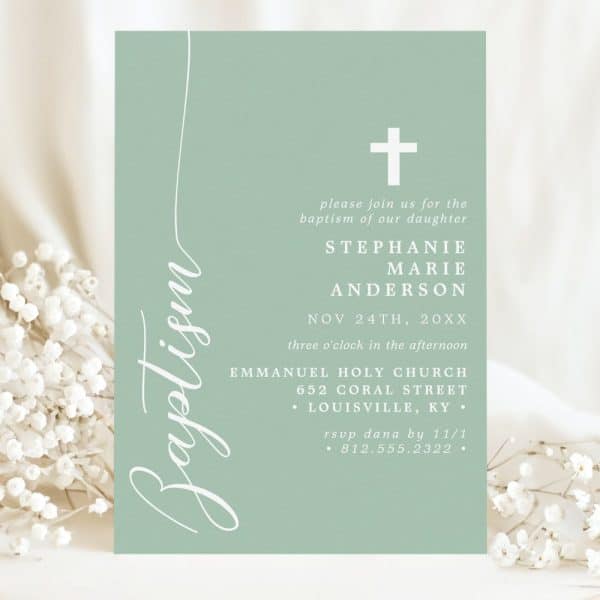 Sage Green Baptism Invitation For Stephanie Marie Anderson.