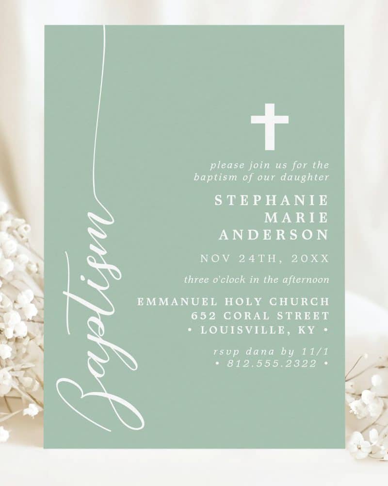 Sage green baptism invitation for Stephanie Marie Anderson.