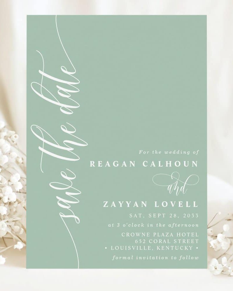Save the date for the wedding of Reagan Calhoun and Zayyan Lovell, September 28, 2033, at the Crowne Plaza Hotel in Louisville, Kentucky.
