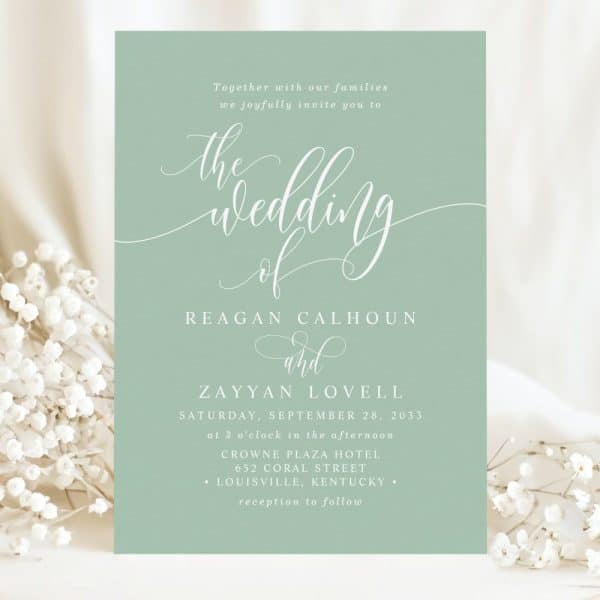 Sage Green Wedding Invitation For Reagan Calhoun And Zayyan Lovell. The Invitation Includes The Date, Time, And Location.