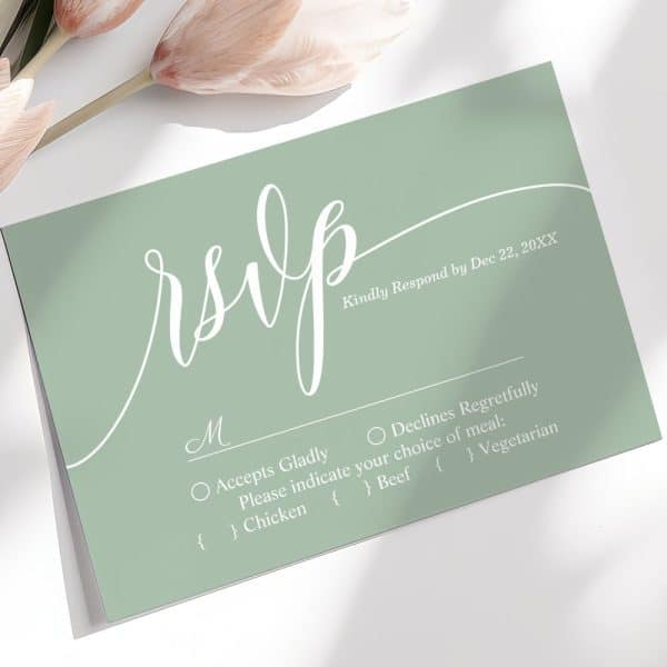 Sage Green Rsvp Card With White Script Lettering And Meal Choices.