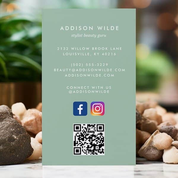 Addison Wilde Stylist Beauty Guru Business Card With Contact Information, Social Media Handles, And Qr Code.