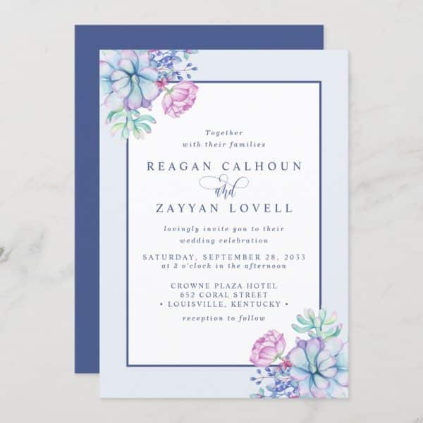 Wedding Invitation With Watercolor Succulents And Flowers, Announcing The Marriage Of Reagan Calhoun And Zayyan Lovell.