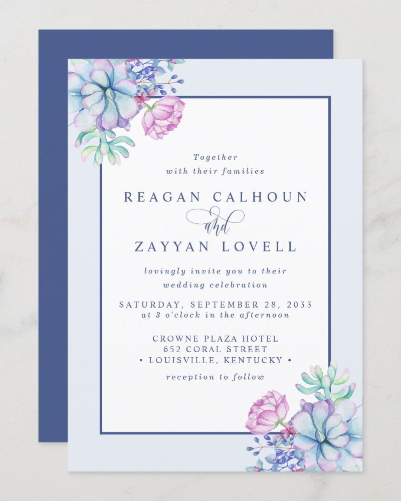 Wedding invitation with watercolor succulents and flowers, announcing the marriage of Reagan Calhoun and Zayyan Lovell.