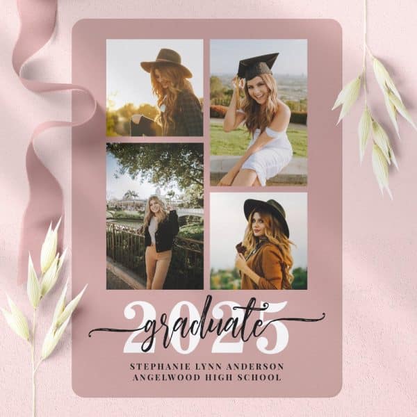 Pink Graduation Announcement With Four Photos Of The Graduate And The Year 2025. The Graduate'S Name And High School Are Listed Below.
