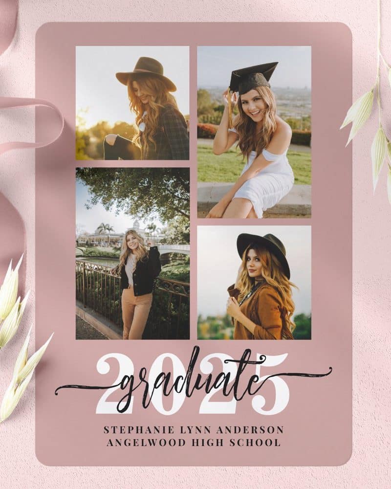 Pink graduation announcement with four photos of the graduate and the year 2025. The graduate's name and high school are listed below.