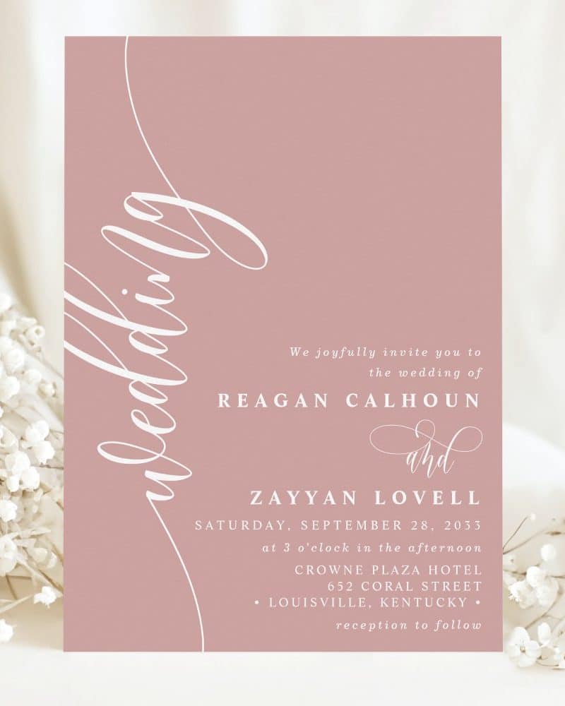 Wedding invitation for Reagan Calhoun and Zayyan Lovell, September 28, 2033, at the Crowne Plaza Hotel in Louisville, Kentucky.