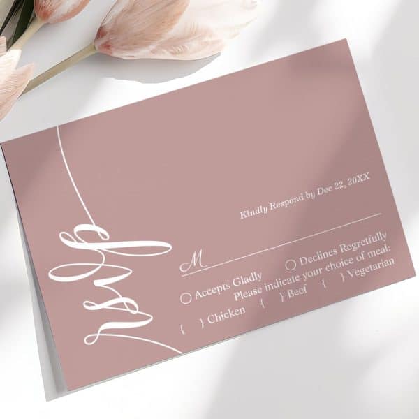 Dusty Rose Wedding Rsvp Card With Elegant White Script And Meal Choices.