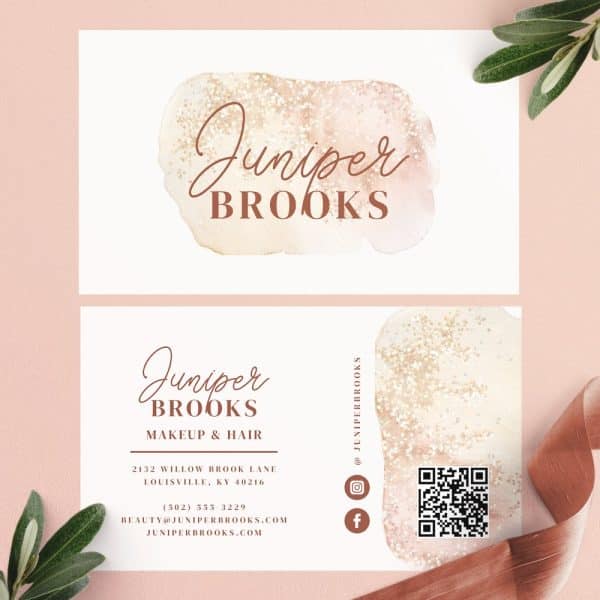Juniper Brooks Makeup And Hair Business Card With Contact Information And Qr Code.