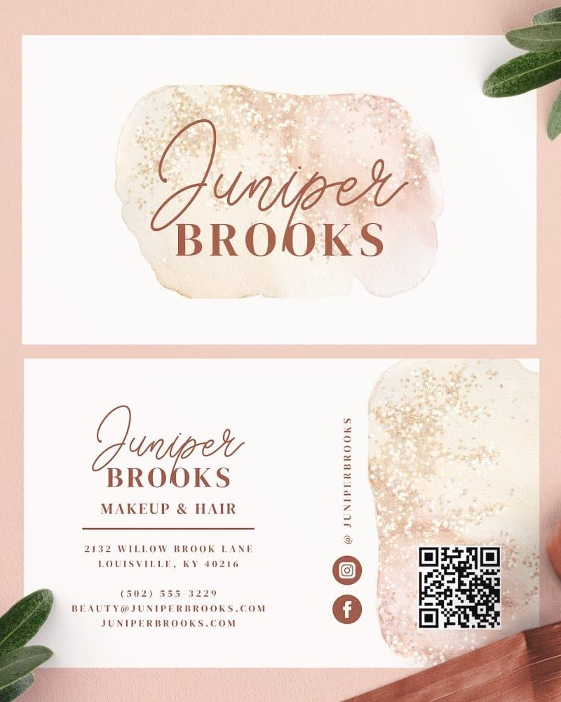 Juniper Brooks makeup and hair business card with contact information and QR code.