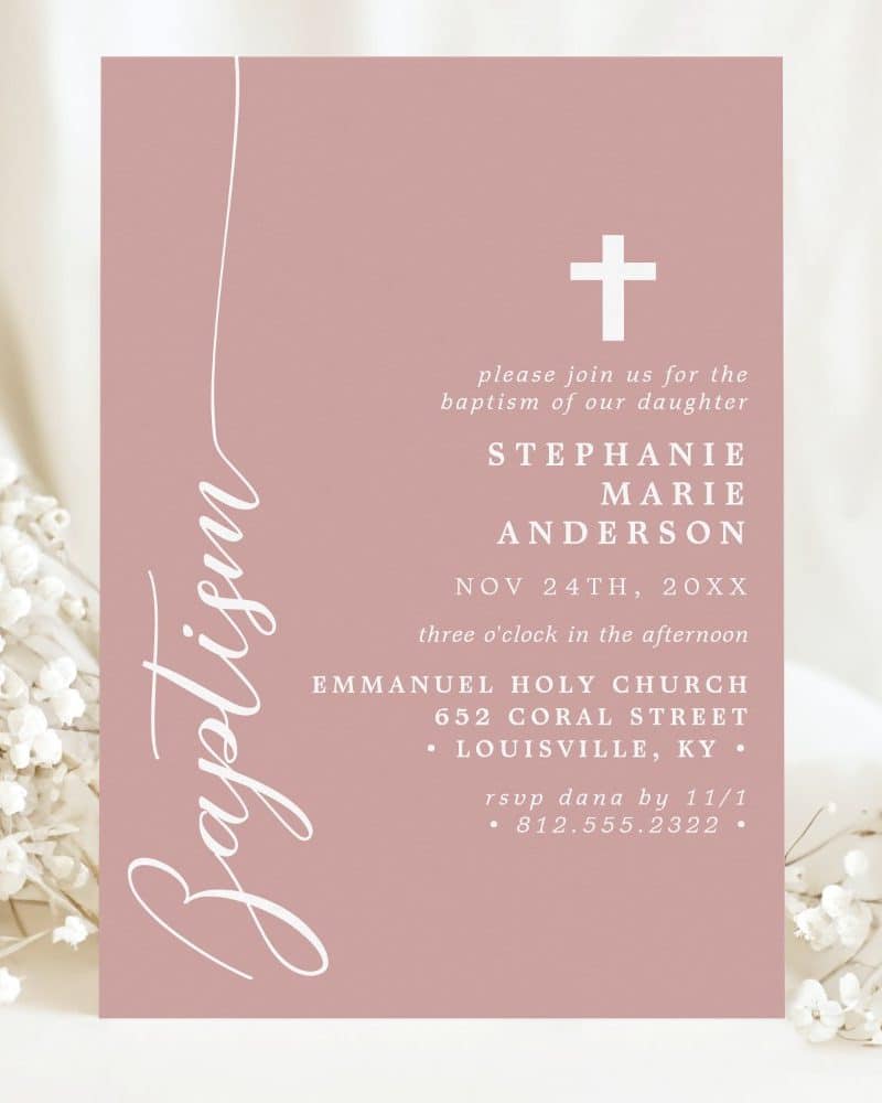 A blush-pink baptism invitation for Stephanie Marie Anderson.