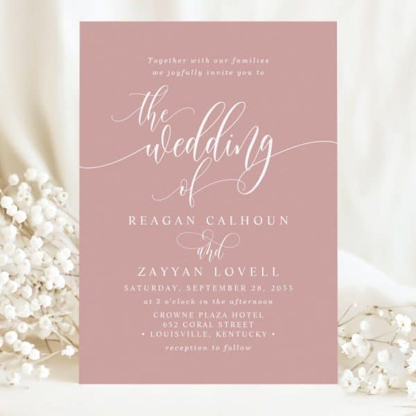 Wedding Invitation For Reagan Calhoun And Zayyan Lovell, September 28, 2033, At The Crowne Plaza Hotel In Louisville, Kentucky.