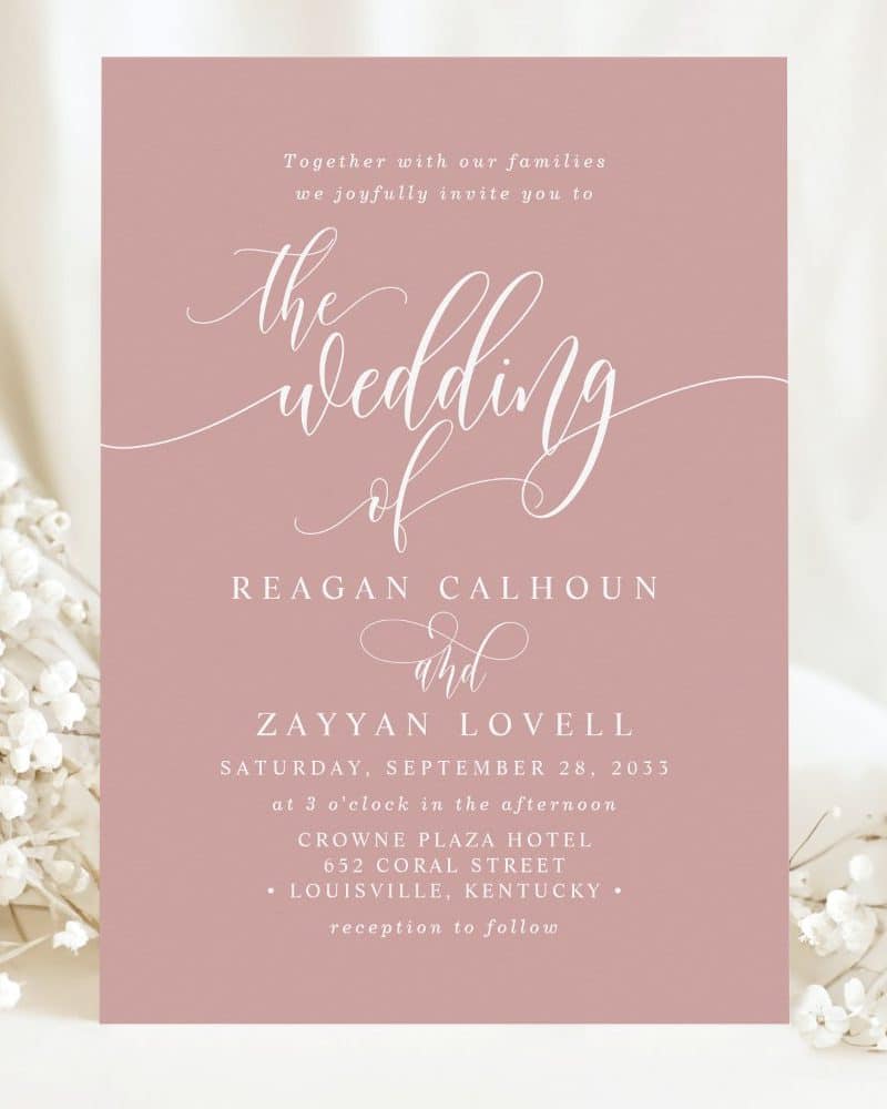 Wedding invitation for Reagan Calhoun and Zayyan Lovell, September 28, 2033, at the Crowne Plaza Hotel in Louisville, Kentucky.
