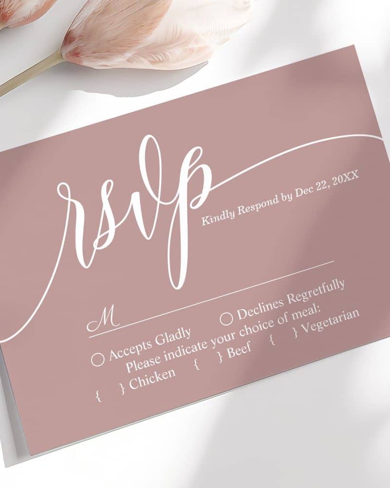 Dusty rose RSVP card with elegant script lettering.