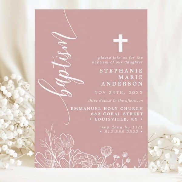A Blush Pink Baptism Invitation For Stephanie Marie Anderson, Featuring A Floral Design.