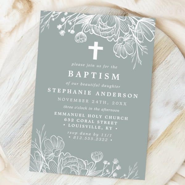 Baptism Invitation For Stephanie Anderson, Featuring A Floral Design And Cross.