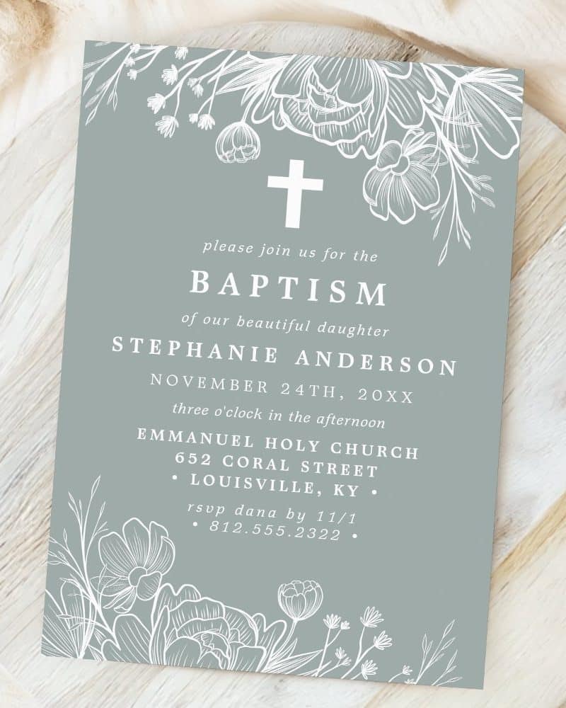 Baptism invitation for Stephanie Anderson, featuring a floral design and cross.