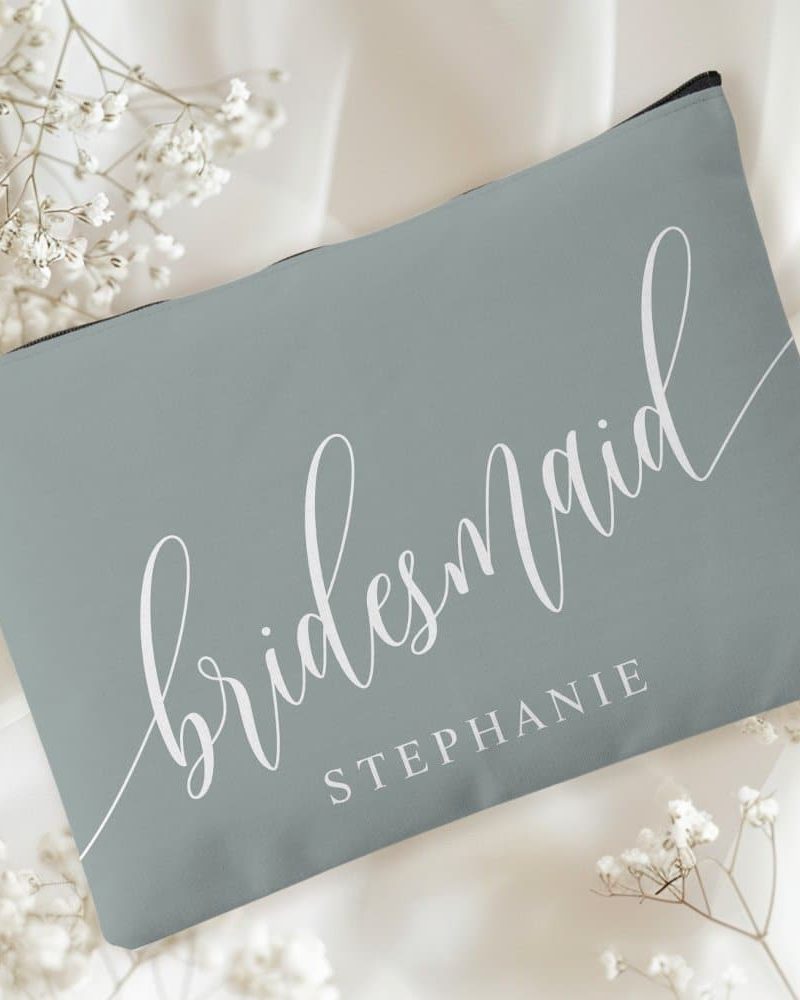 Dusty Sage Bridesmaid Modern Calligraphy Accessory Pouch