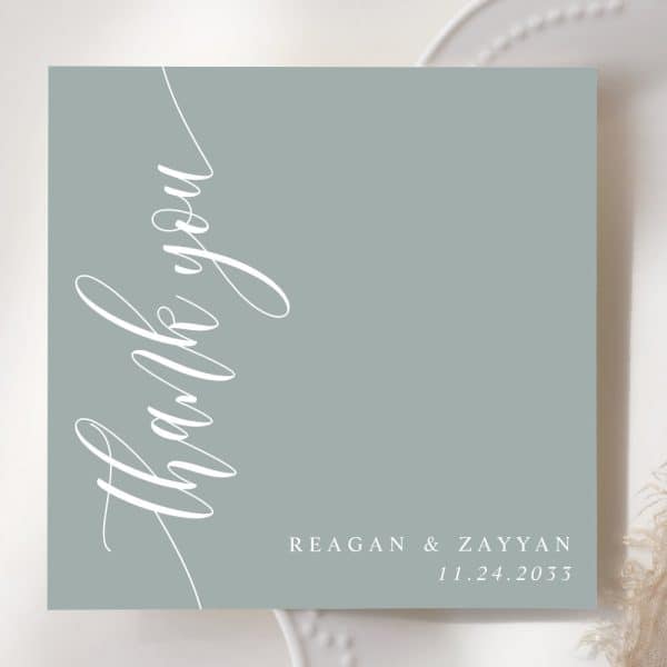 Sage Green Thank You Card With White Cursive Lettering.