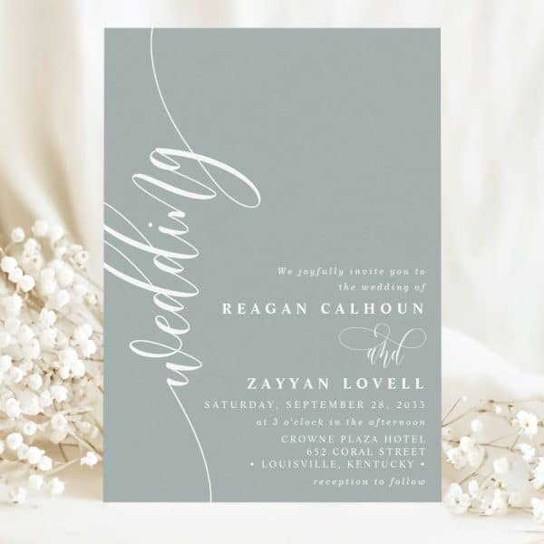 A Light Blue Wedding Invitation For Reagan Calhoun And Zayyan Lovell, September 28, 2033.
