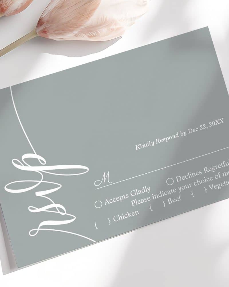 Sage green RSVP card with white script and checkboxes for meal selection.