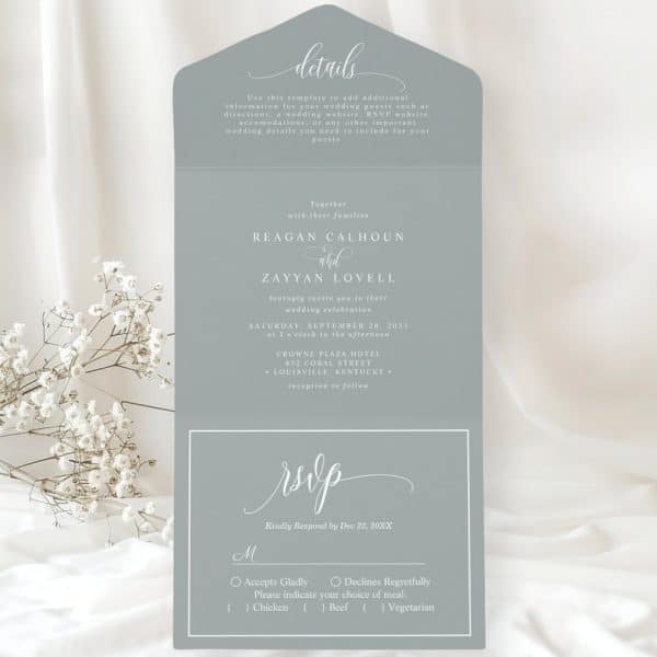 A Sage Green Wedding Invitation For Reagan Calhoun And Zayyan Lovell'S Wedding On September 28, 2033, At The Crowne Plaza Hotel In Louisville, Kentucky. Rsvp Information Is Included.