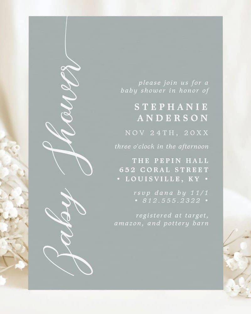 A light blue baby shower invitation for Stephanie Anderson.