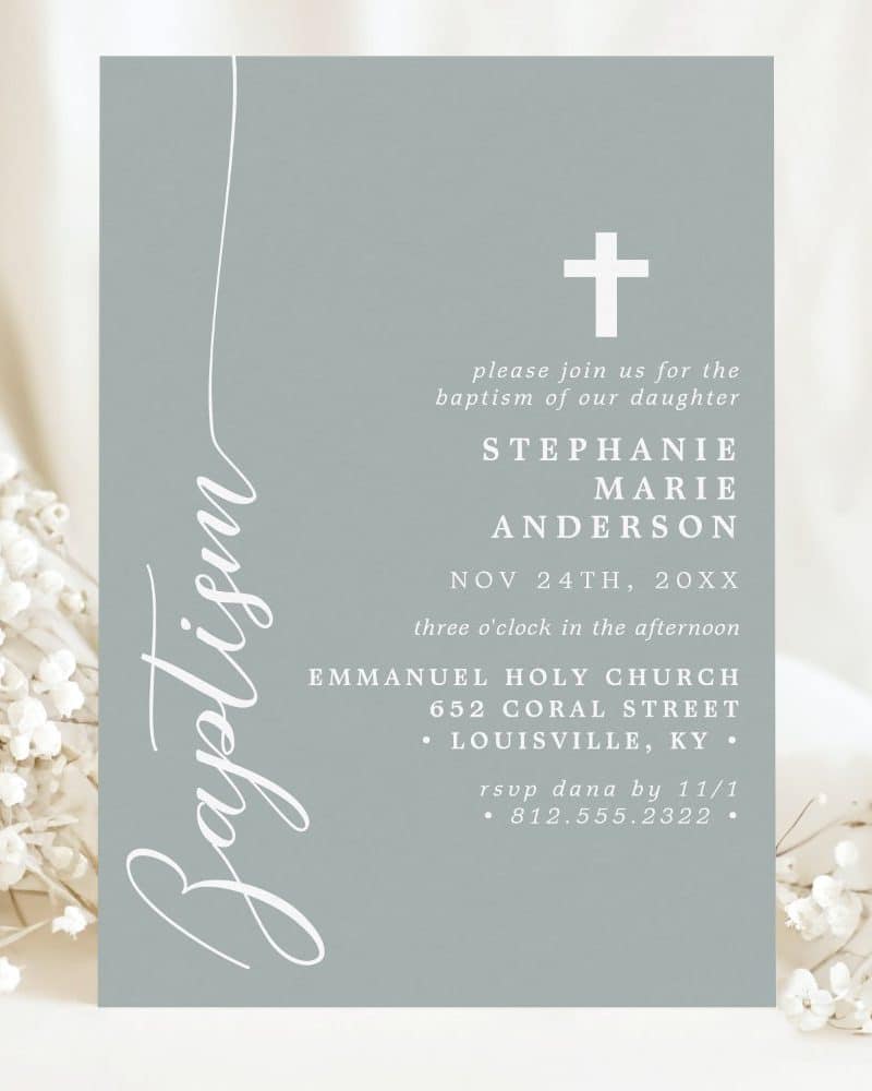 Light blue baptism invitation for Stephanie Marie Anderson.