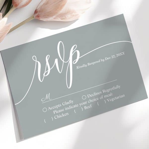 Gray Rsvp Card With Elegant White Script Lettering. Response Requested By December 22.