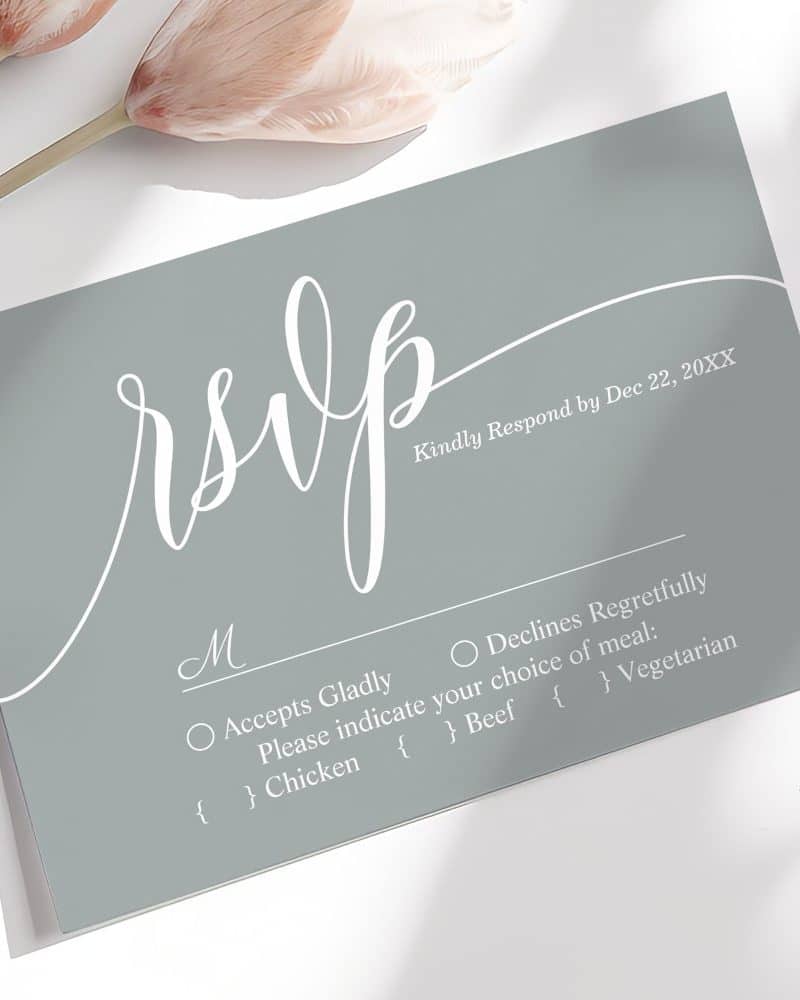 Gray RSVP card with elegant white script lettering. Response requested by December 22.
