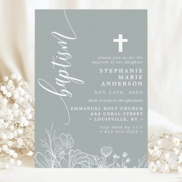 A Light Blue Baptism Invitation For Stephanie Marie Anderson, Featuring A Floral Design.